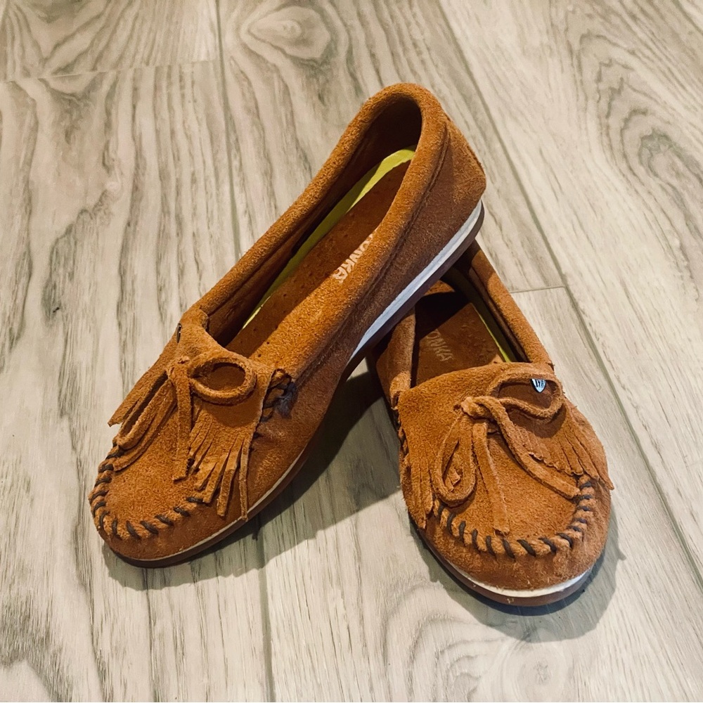 Minnetonka Brown Moccasins with Fringe Detail